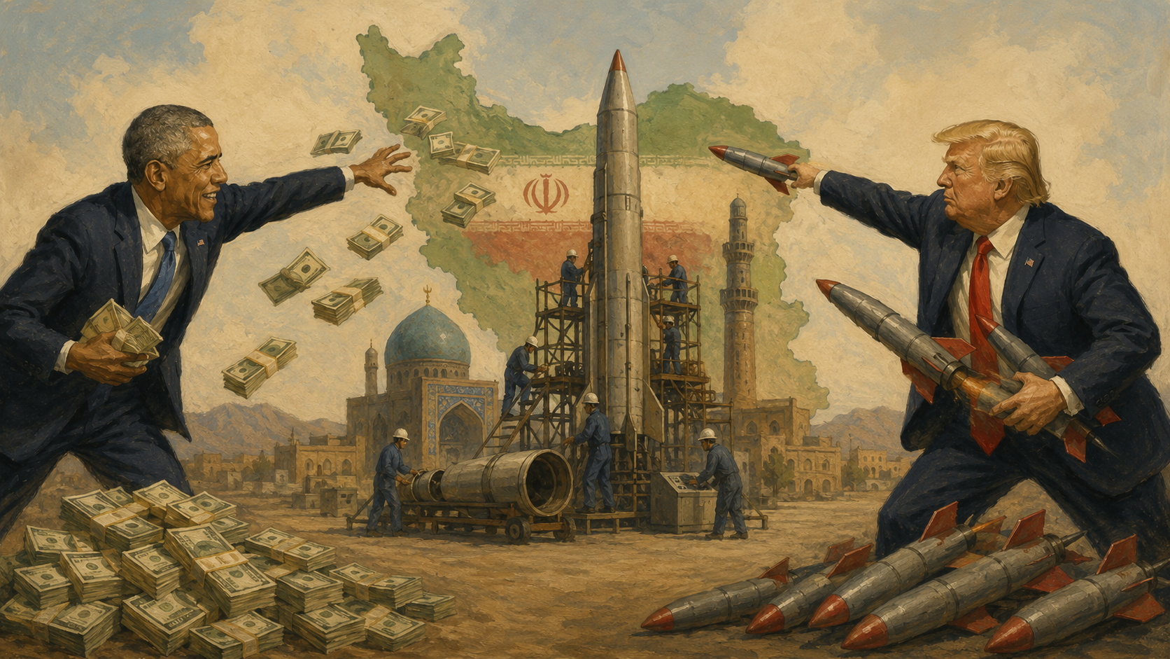 Editorial painting of Obama throwing money and Trump throwing missiles toward Iran, while workers build a large missile in the background.