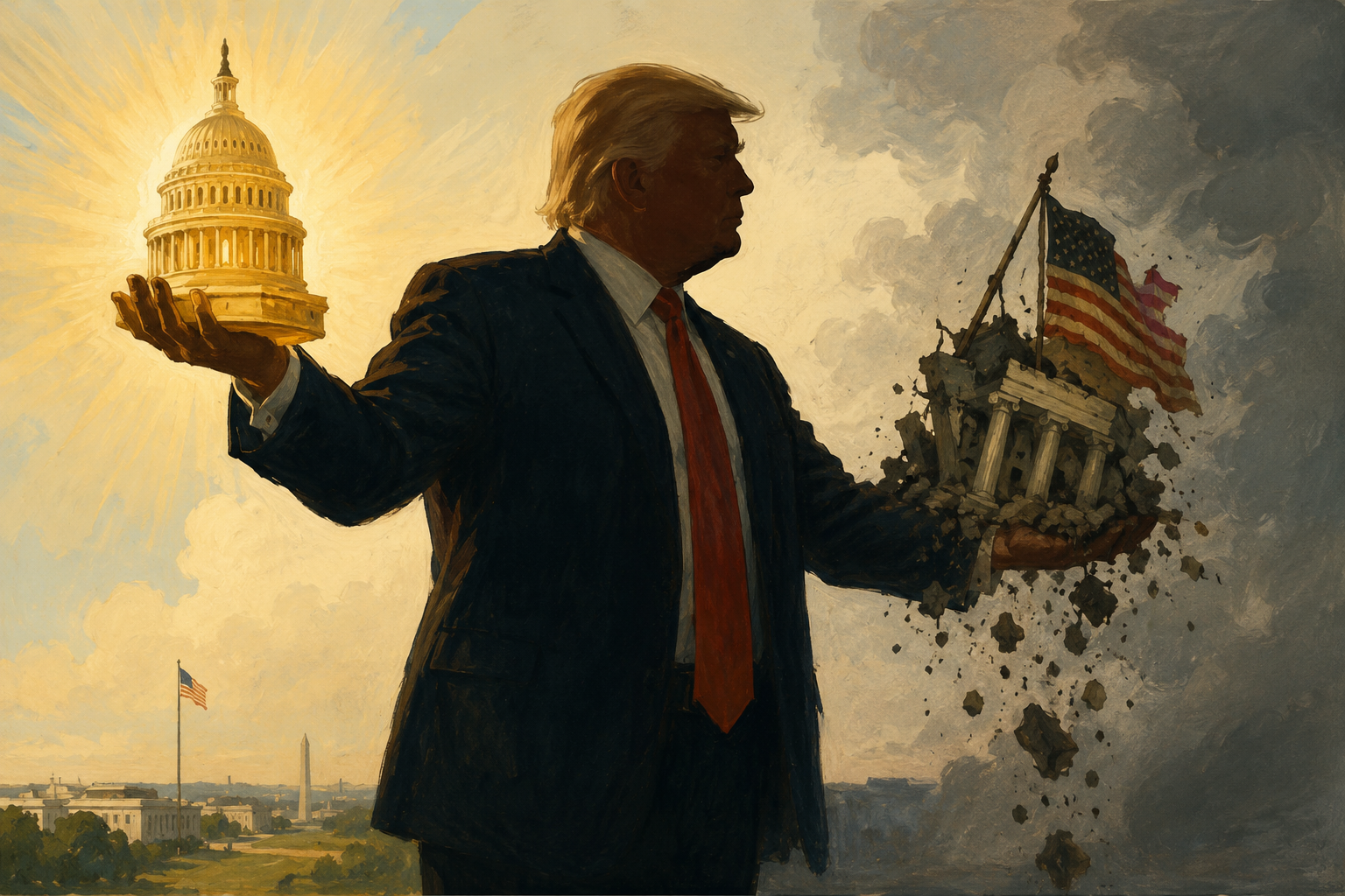 Trump holding power in one hand and a crumbling America in the other.