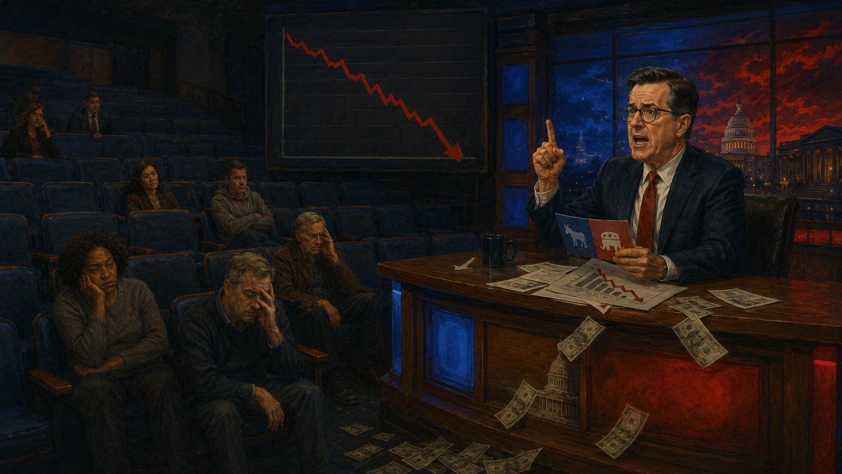 A politicized late-night show host speaks to a shrinking audience as ratings fall and money slips away.