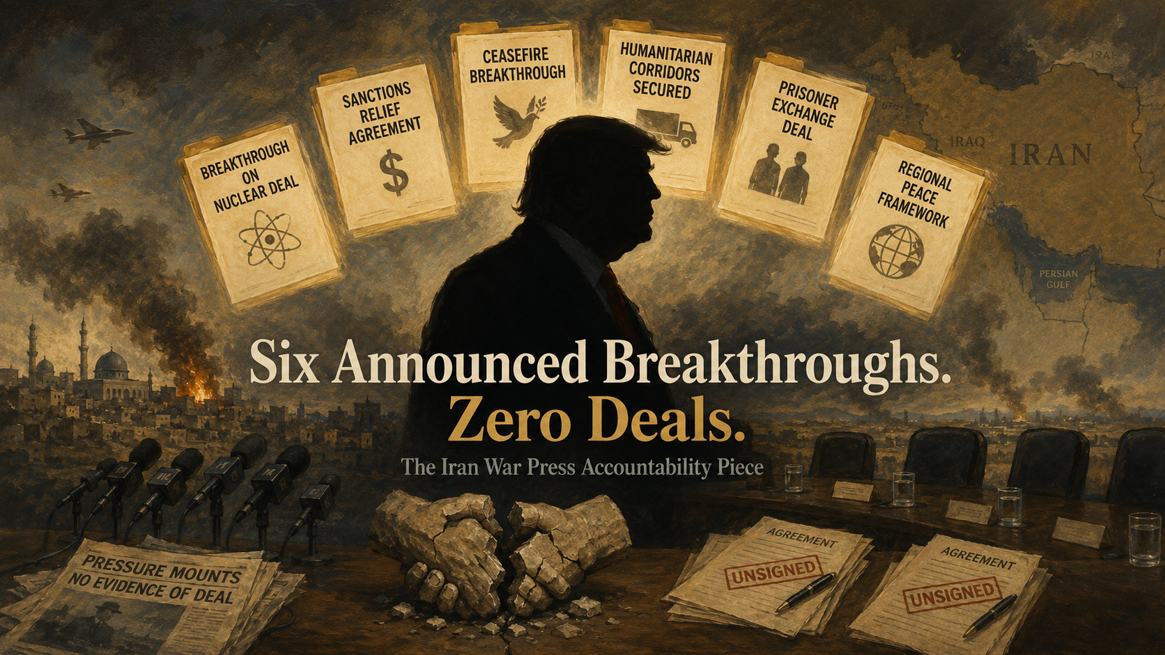 Donald Trump’s silhouette stands before Iran war imagery, surrounded by promised breakthrough documents, unsigned agreements, microphones, and the headline “Six Announced Breakthroughs. Zero Deals.”