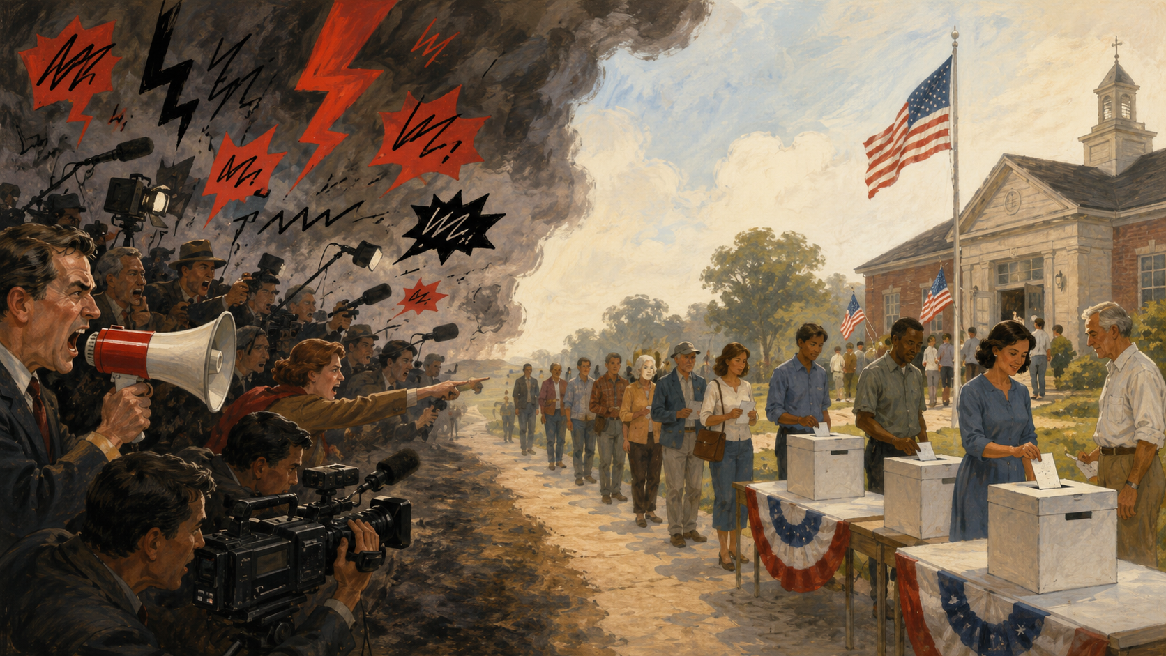 Media figures create chaos on one side while voters peacefully cast ballots on the other.