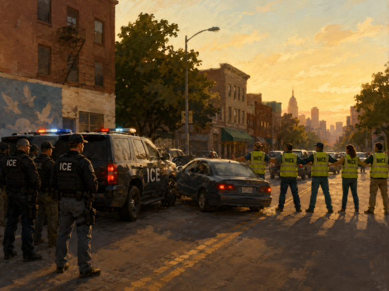 City street standoff at sunset